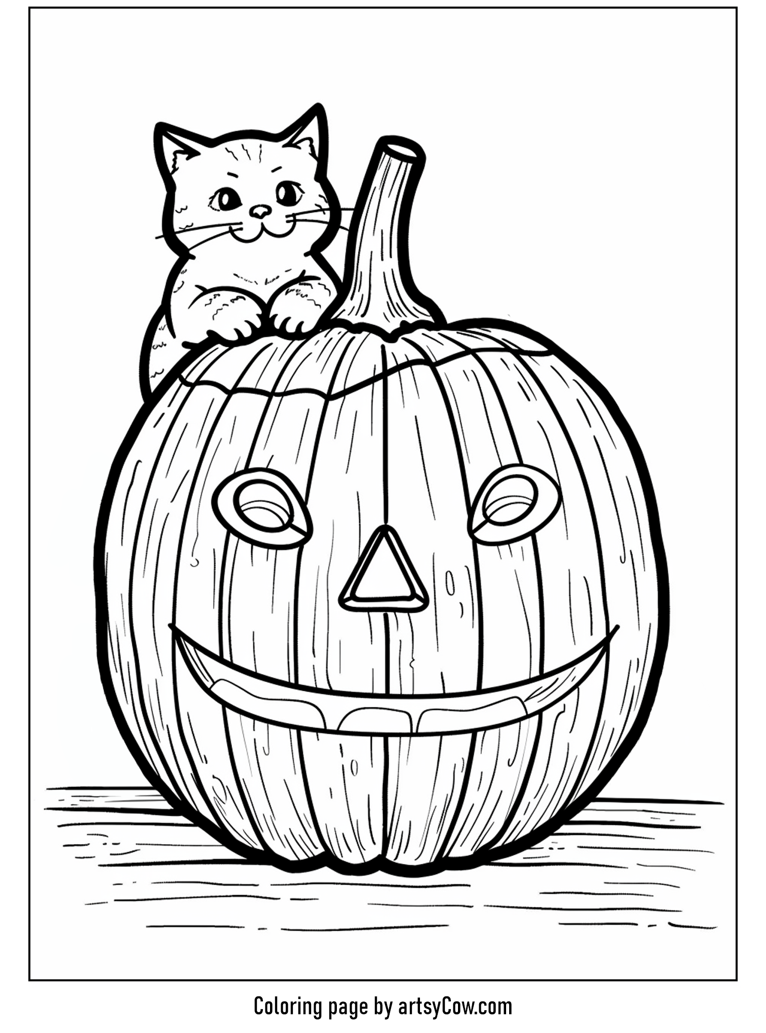 halloween pumpkin drawings for kids, featuring a smiling pumpkin with a playful cat sitting atop.